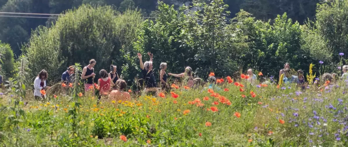 Tanzende zwischen Blumenwiese und Büschen